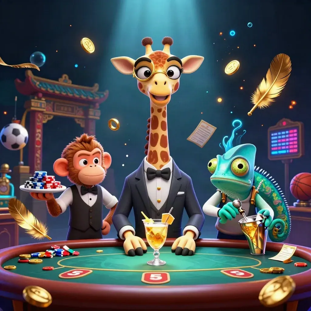 Giraffe, monkey and chameleon casino mascots around a poker table with gold and neon glow.