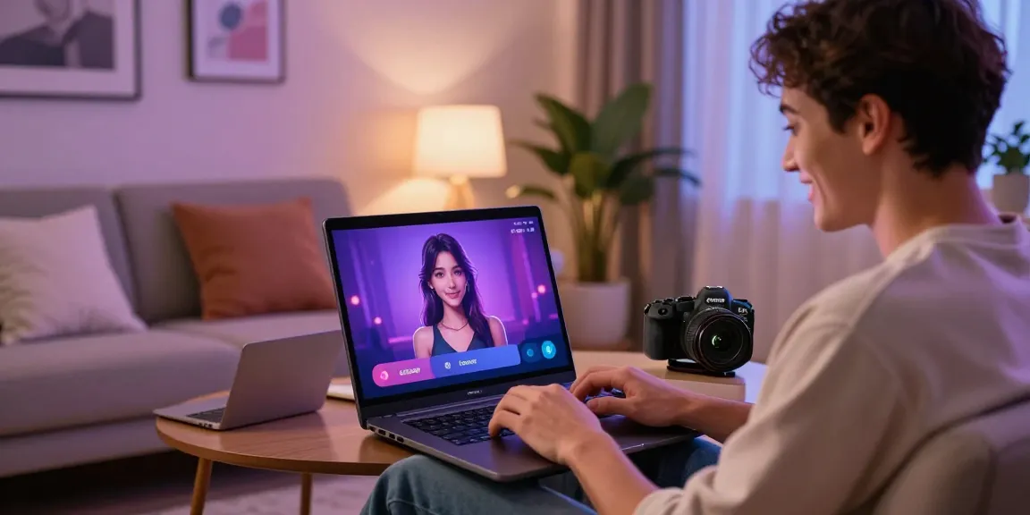 User enjoying AI sex chat on a sleek device in a cozy living room, highlighting digital interaction.