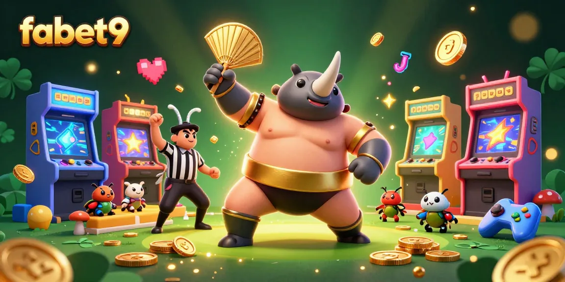Experience the excitement of fabet9 with a dynamic scene of a beetle sumo champion surrounded by arcade-style betting elements.