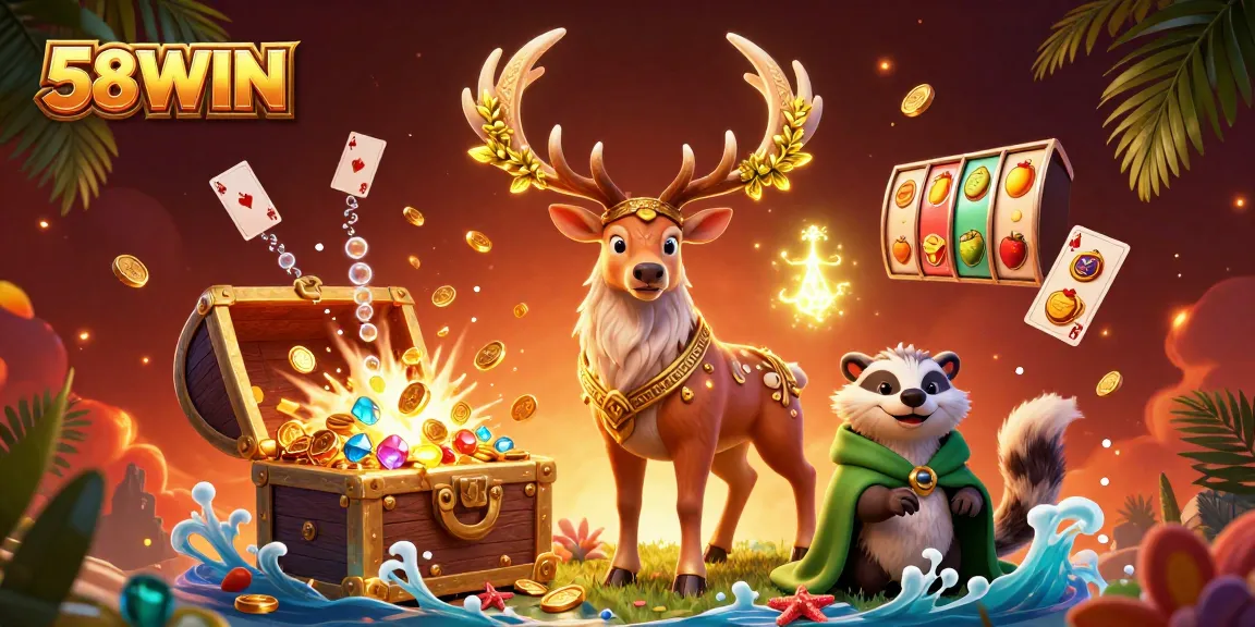 Experience the excitement of 58WIN as you spin slot reels and win big in this vibrant casino scene.
