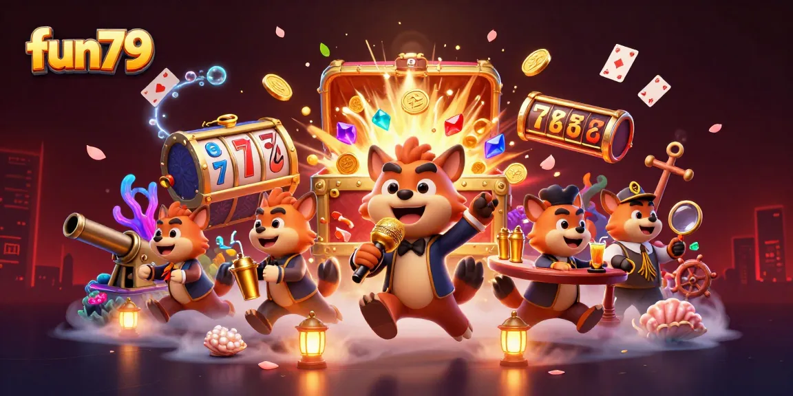 Enter the fun79 casino world with hyenas hosting a vibrant comedy club scene filled with excitement.
