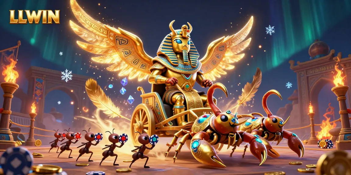 Engage players with LLWIN's vibrant 3D casino scene featuring a colossal scarab beetle and dynamic gaming elements.