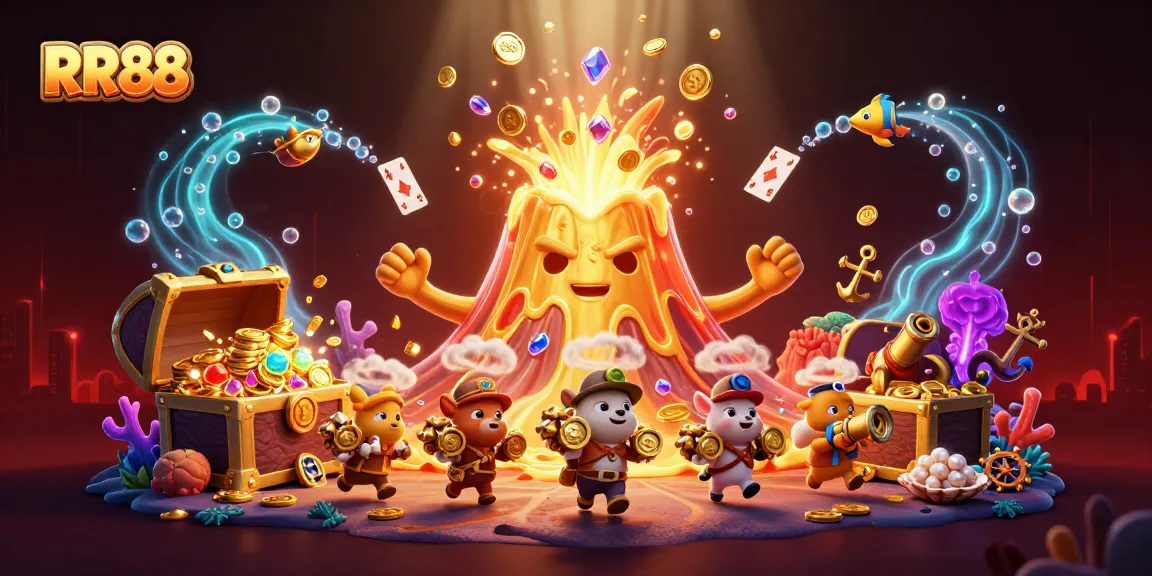 RR88 offers a vibrant casino experience, featuring a golden volcano erupting with treasure and thrilling game elements.