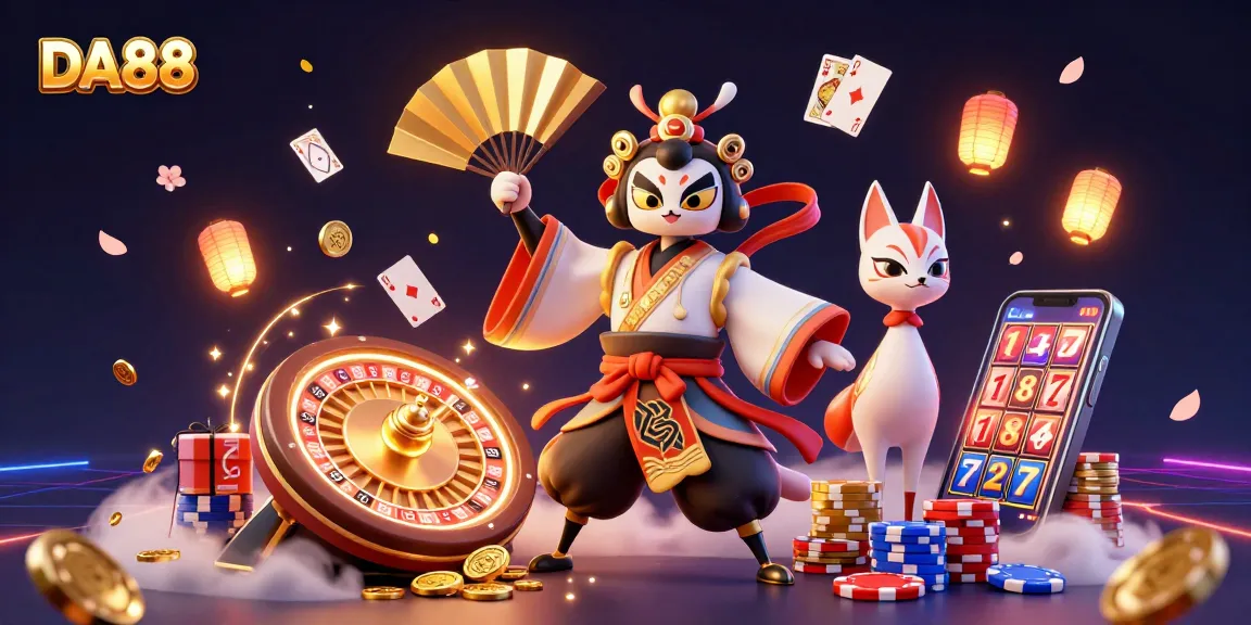 Experience vibrant gameplay at DA88 with a kabuki warrior and casino elements in a captivating scene.