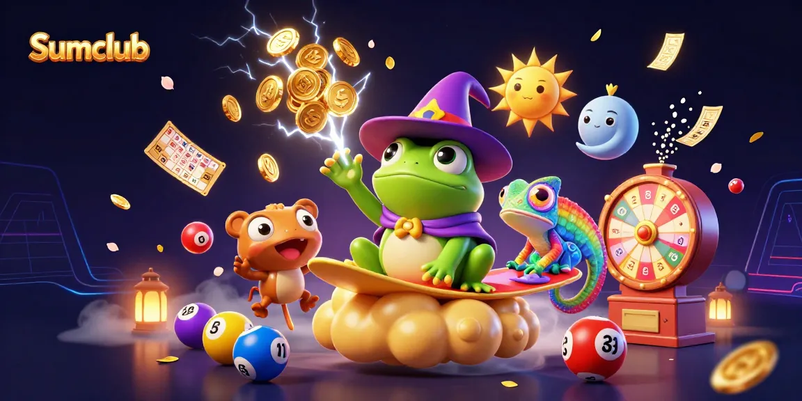 Win big at Sumclub with a vibrant 3D illustration of a frog wizard and chameleon amidst golden coins.