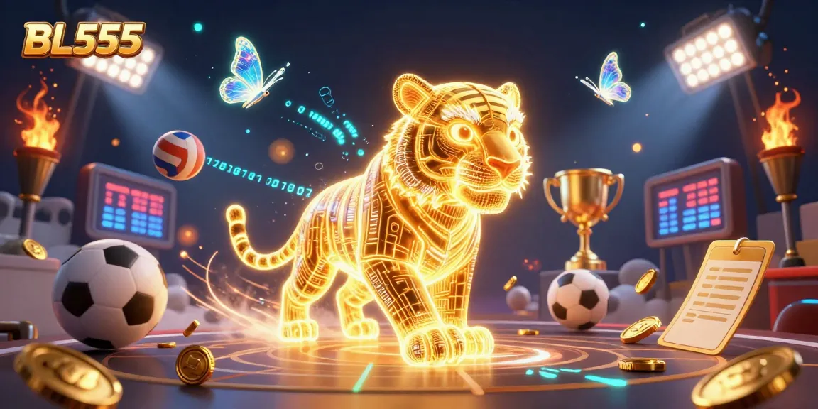 Engage with BL555's vibrant casino scene featuring a dynamic golden tiger and holographic butterflies.