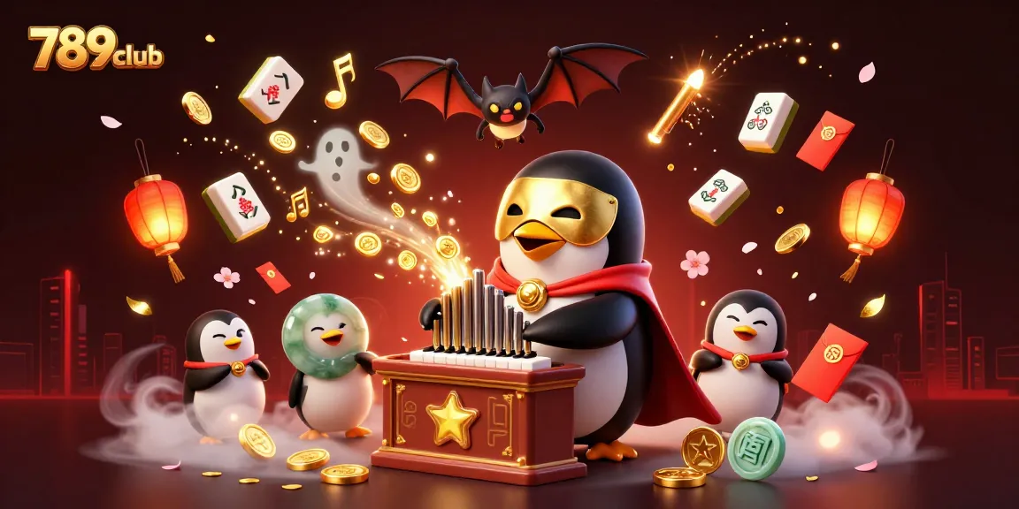 Experience the thrilling world of 789club as a cartoon penguin plays a golden coin organ while festive elements surround.