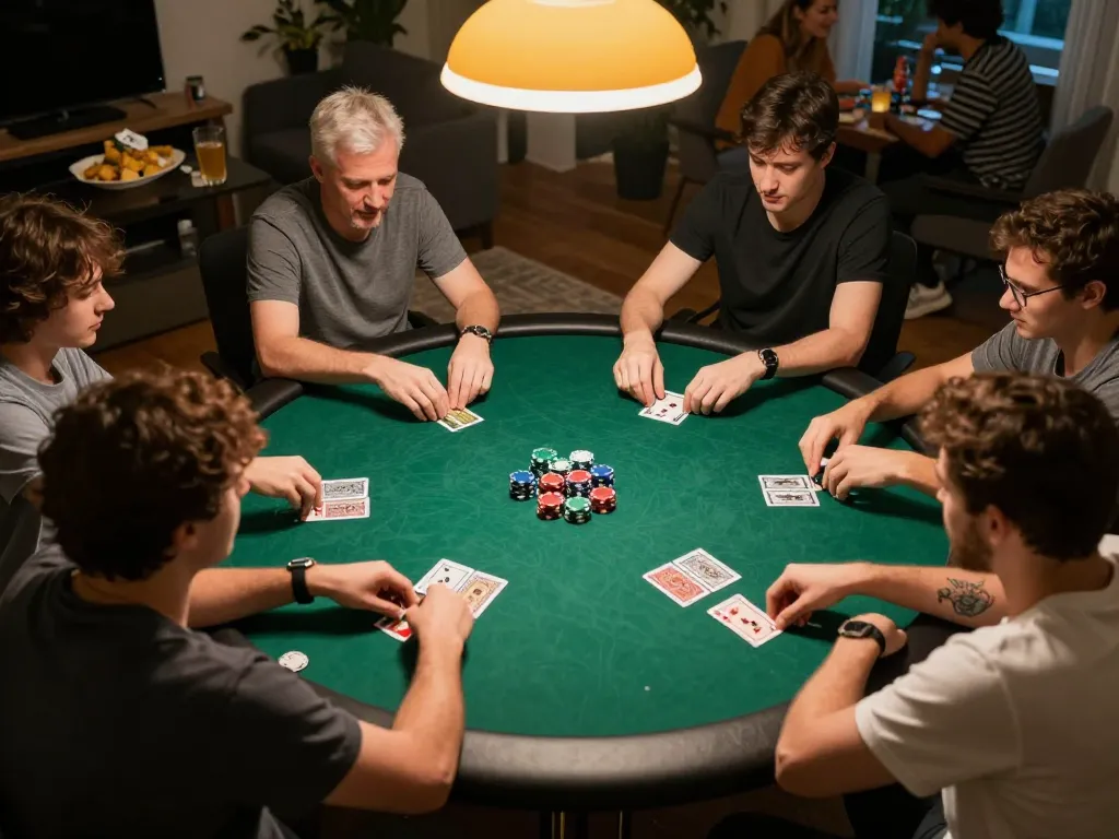 Players engage in a competitive poker game at home, showcasing their strategies and chips, inspired by sc88.