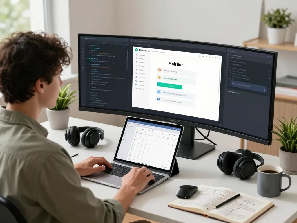 MoltBot personal AI assistant workspace with user interacting through a sleek dual monitor setup, showcasing productivity in a bright tech environment.