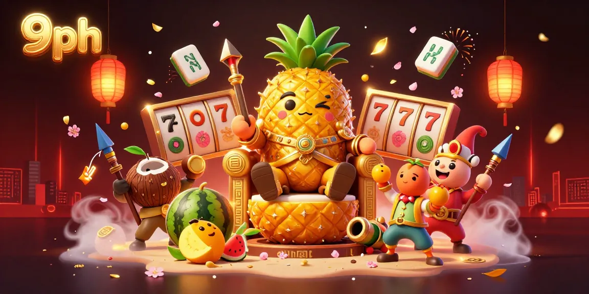 Experience vibrant gaming action at 9ph with engaging slot reels and golden characters in a dynamic beach casino setting.