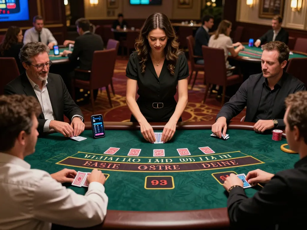 3win players placing bets at a live dealer blackjack table in a luxurious casino setting.