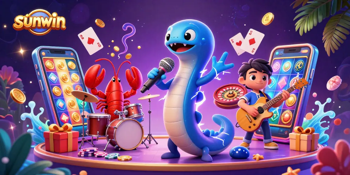 Sunwin showcases vibrant underwater casino scene with a DJing electric eel, lobster drummer, and seahorse guitarist.