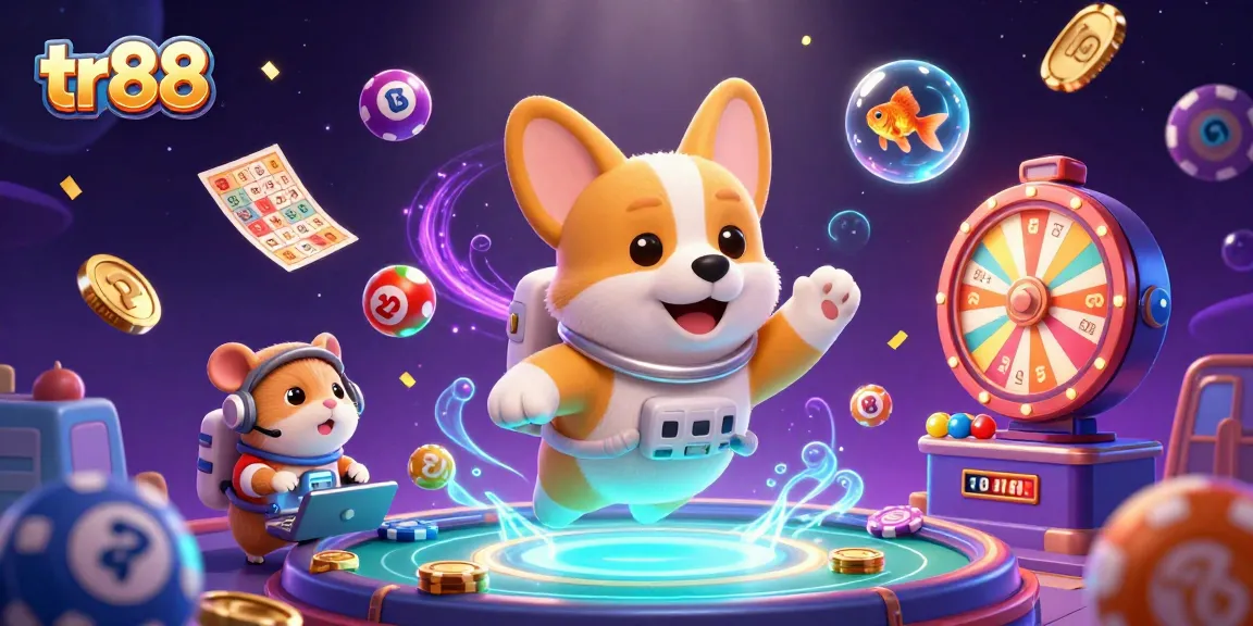 Engage in thrilling gambling with tr88 as a corgi floats in a space casino surrounded by lottery elements.