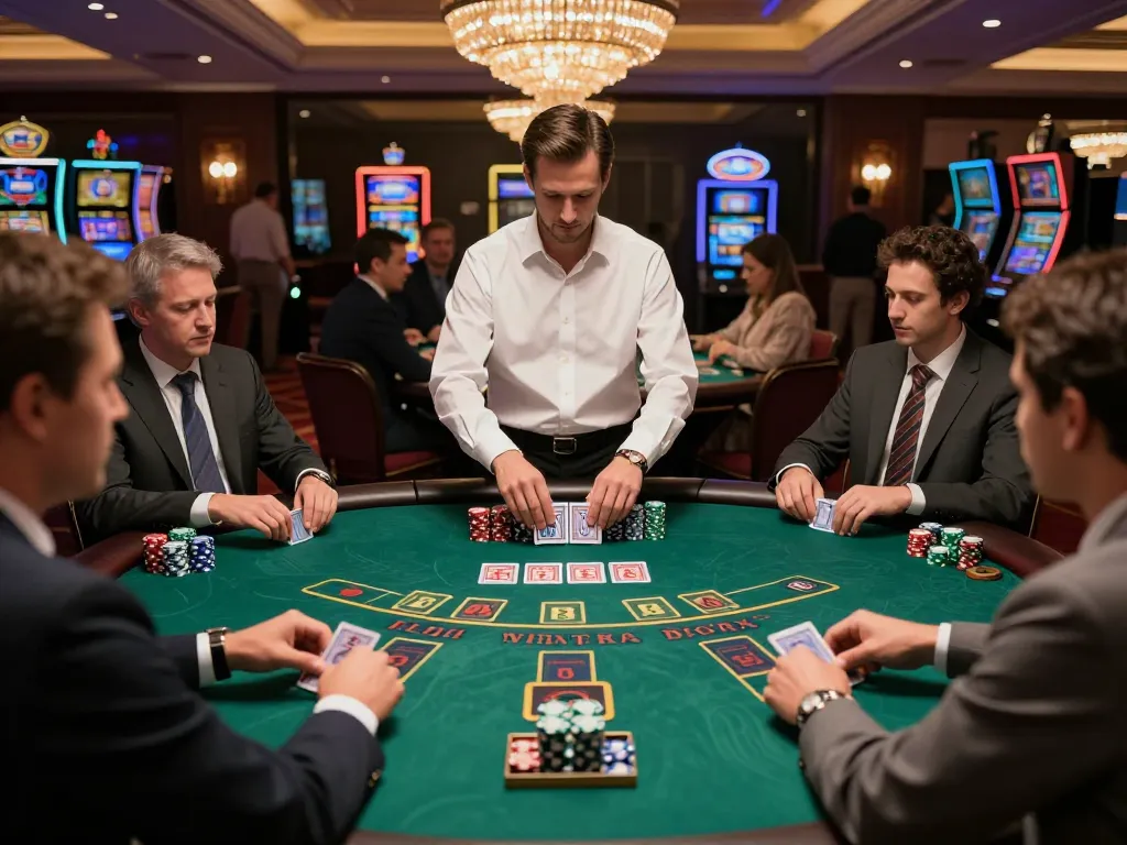 Hit club players betting on a high-stakes blackjack table with expert dealer in luxurious casino