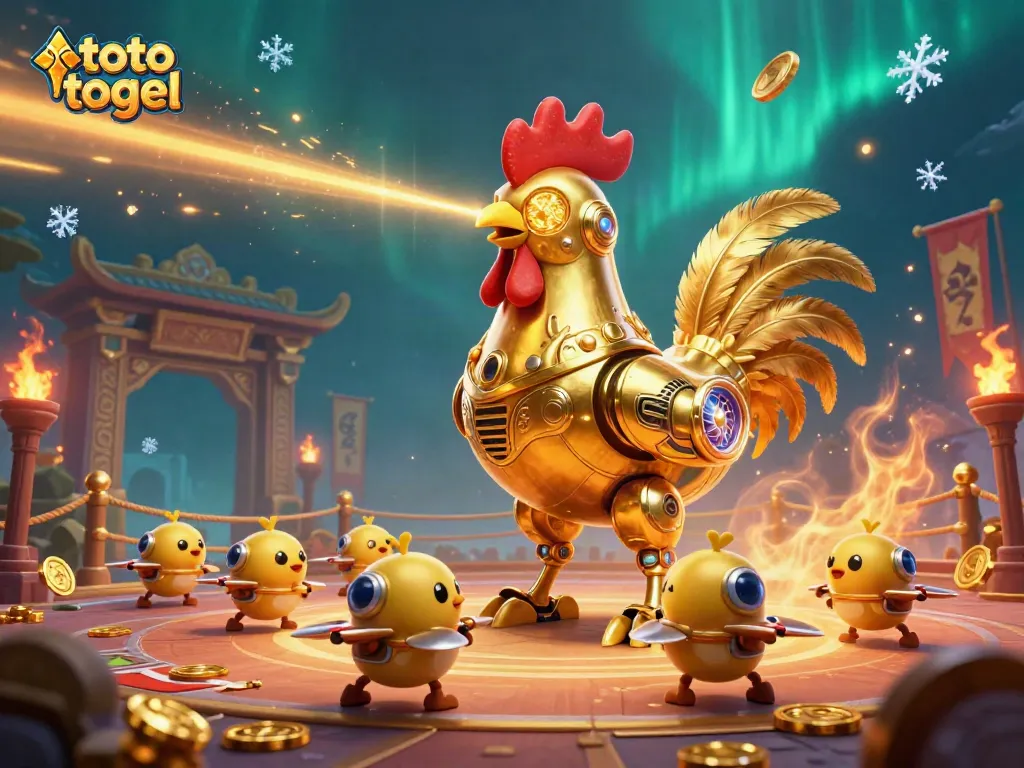 Experience the excitement of toto togel with a dynamic 3D illustration showcasing a golden rooster robot and engaging game elements.