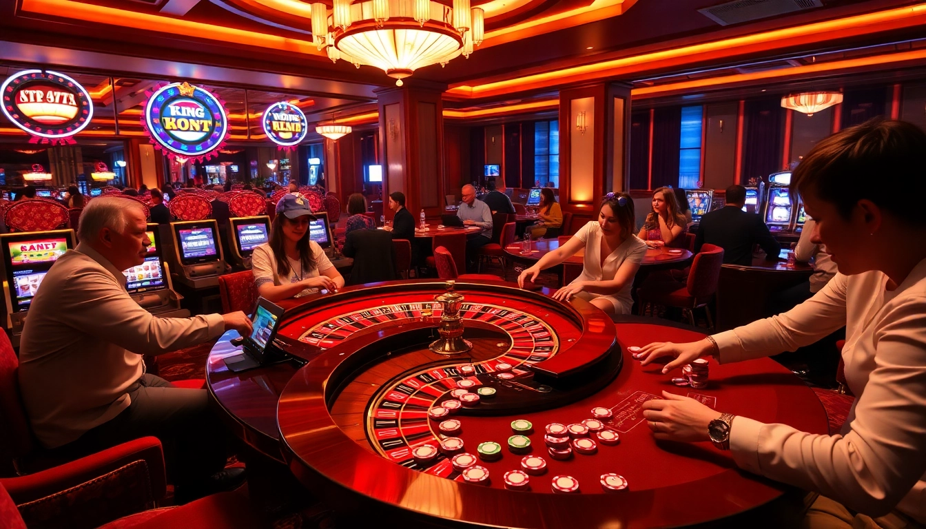Players enjoying a thrilling game of poker at King fun casino, with colorful chips and an elegant setting.