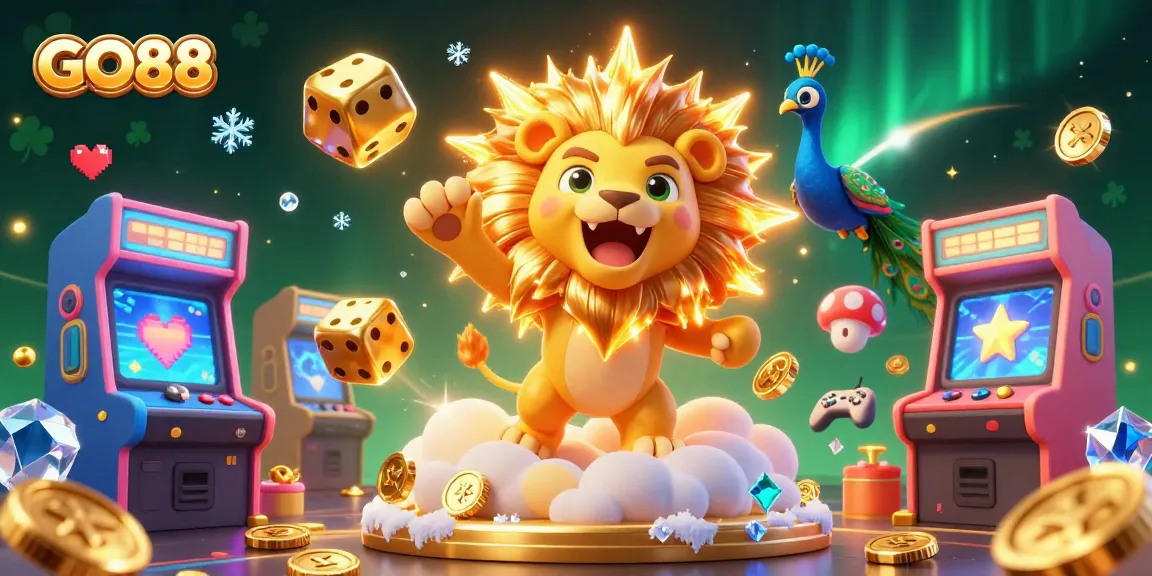 Enter the vibrant world of GO88 with a stunning illustrated scene featuring a cartoon sun lion, colorful gaming elements, and a dazzling casino theme.