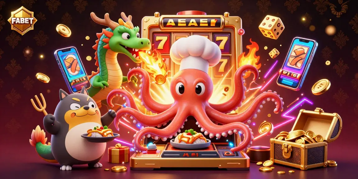 Spin the reels at FABET with a vibrant slot machine scene featuring an octopus chef and treasure.