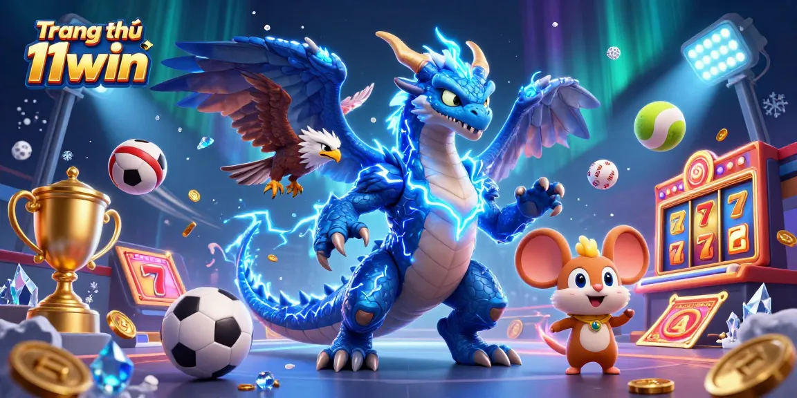 Engage with Trang chủ 11win through a vibrant casino-themed illustration featuring dynamic sports and gaming elements.