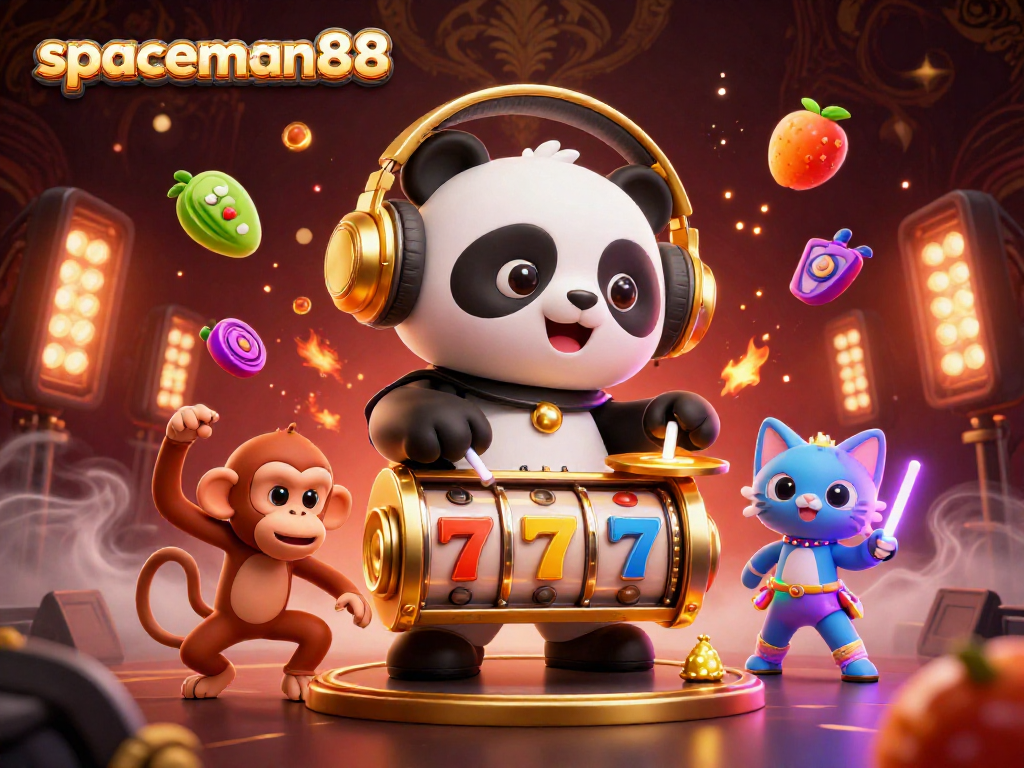 Spin and win with spaceman88 in a colorful, energetic 3D slot gaming scene.