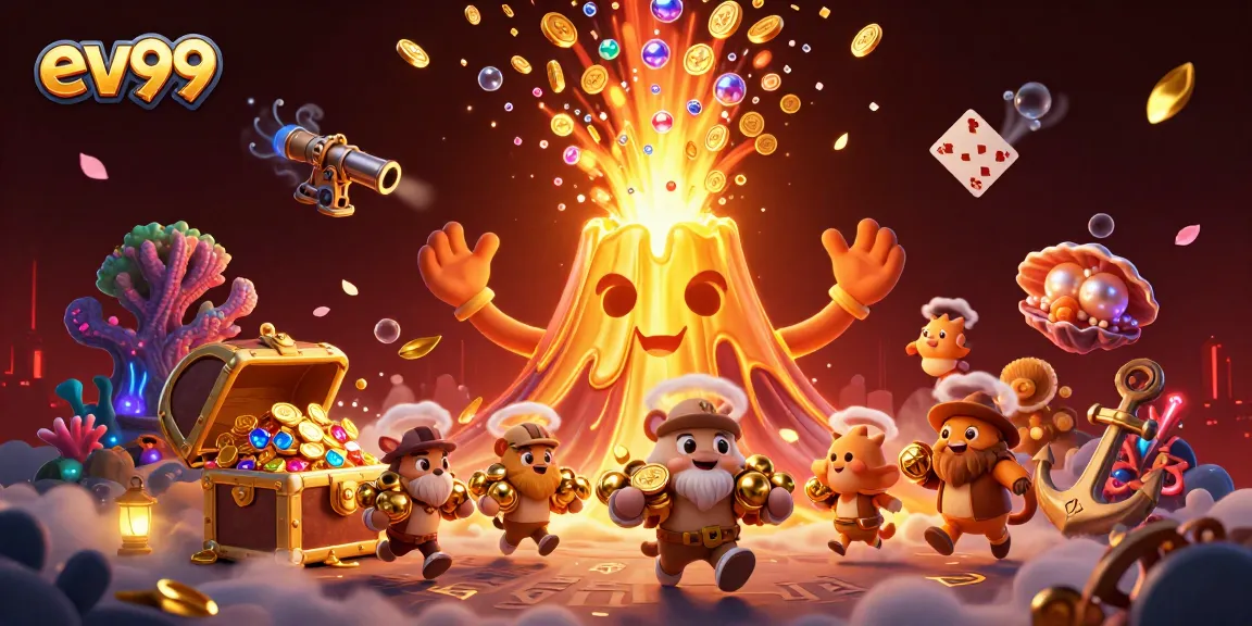 ev99 showcases a vibrant digital casino scene with a golden volcano and treasures, depicting exhilarating gameplay.