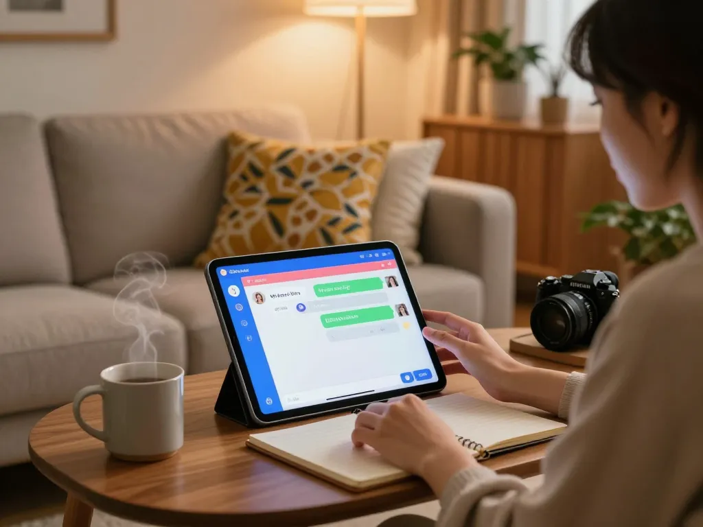 Engaging in AI sex chat on a tablet, cozy home atmosphere with ambient lighting.