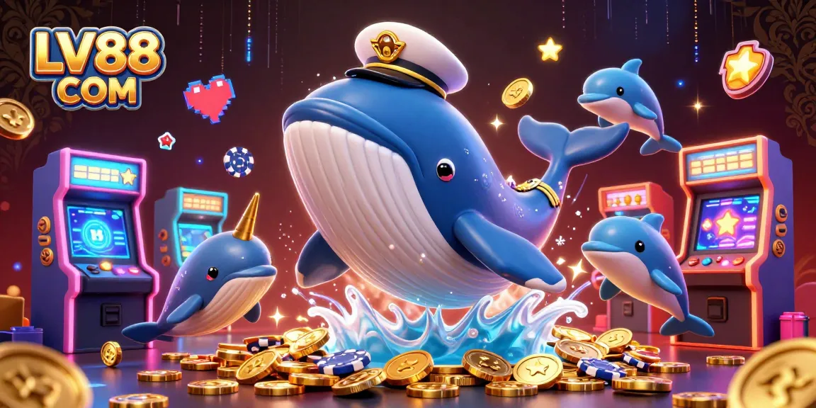Experience the thrill of LV88 COM through playful dolphins and a giant whale in a vibrant casino scene.