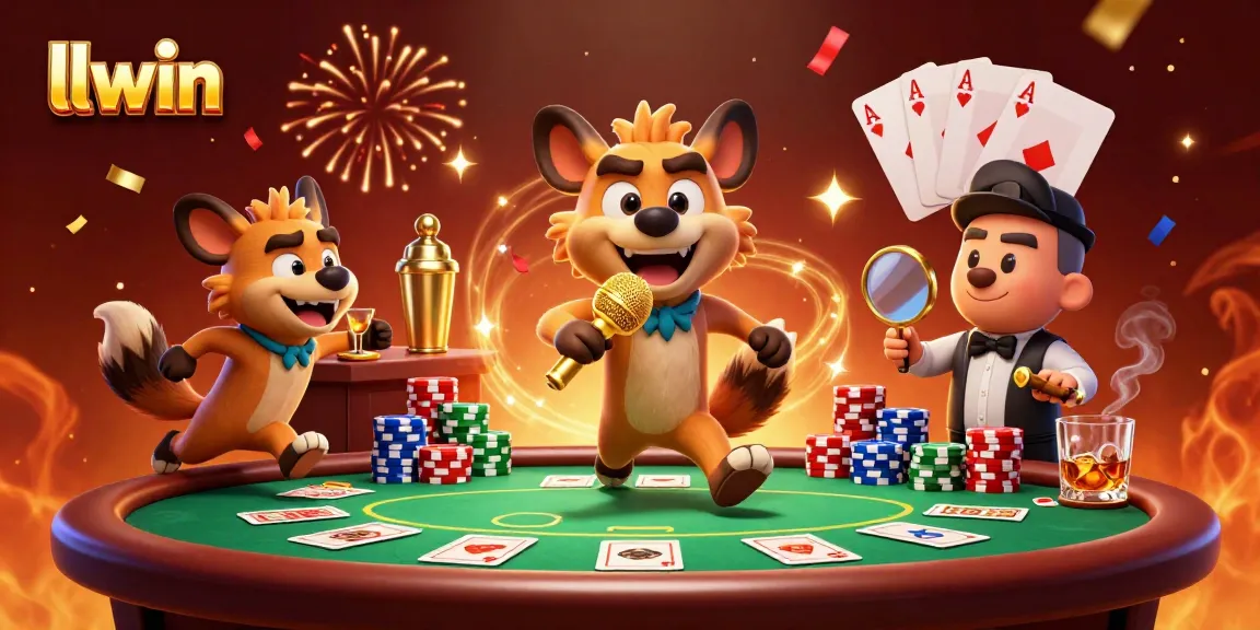 Experience llwin's thrilling casino atmosphere with hyena characters at a comedy club.