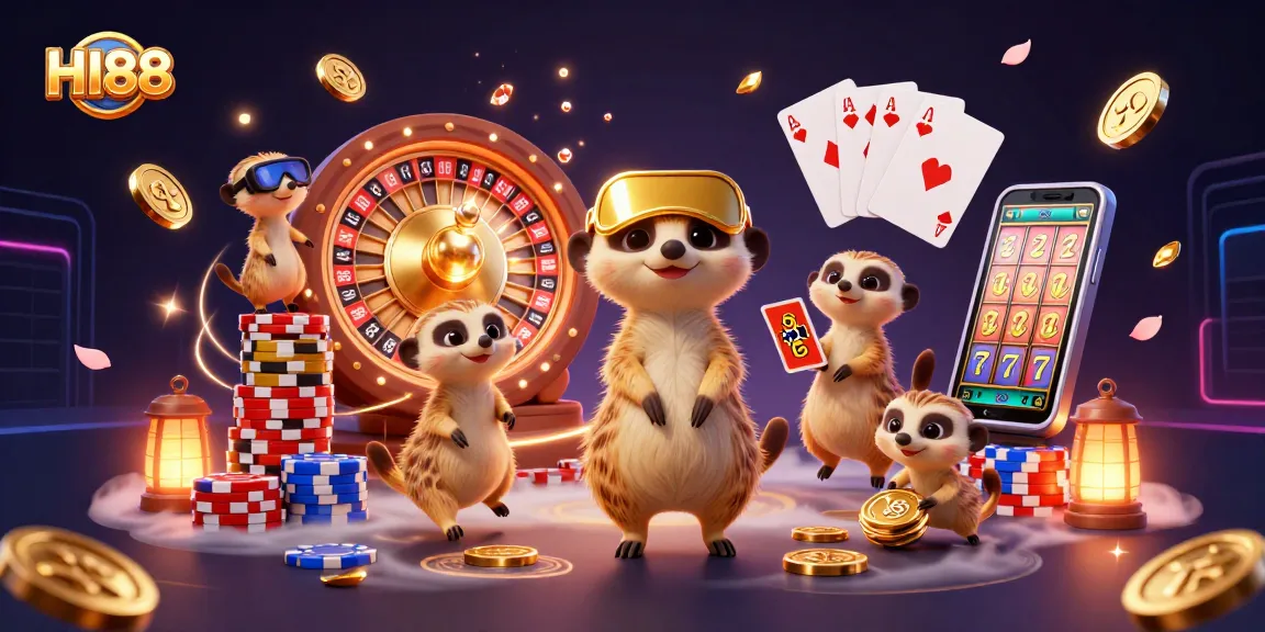 Engage in thrilling HI88 casino action within a vibrant meerkat-run casino featuring games and chips.