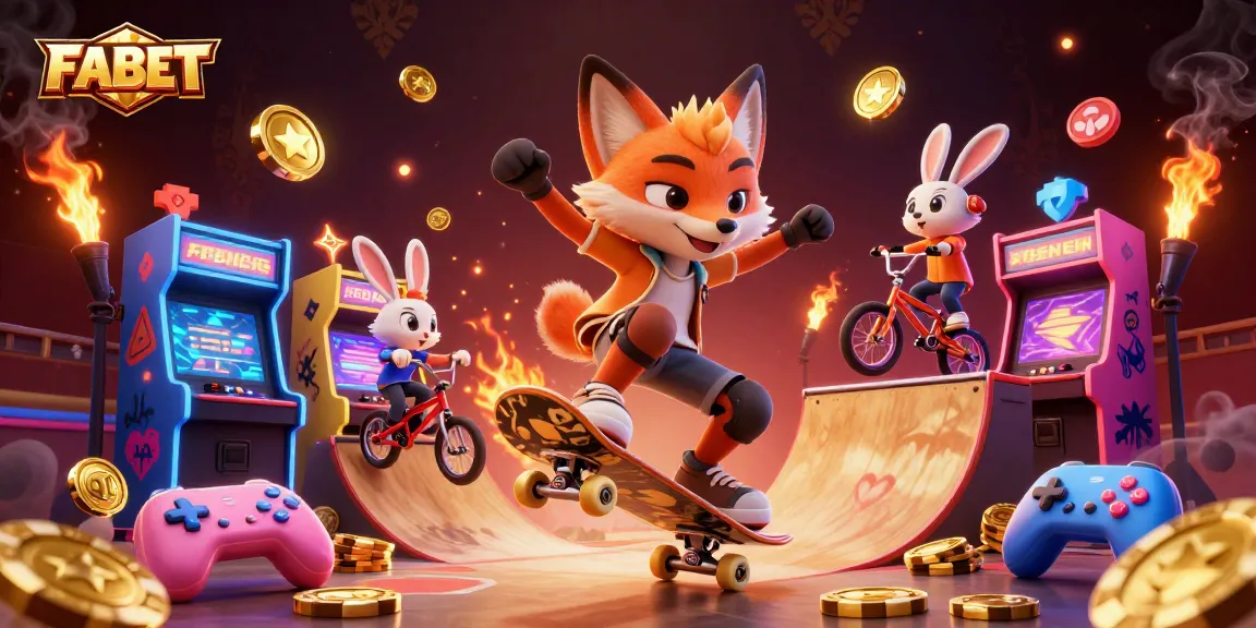 Experience FABET with thrilling animations of a skateboarder fox and BMX rabbit in a colorful casino scene.