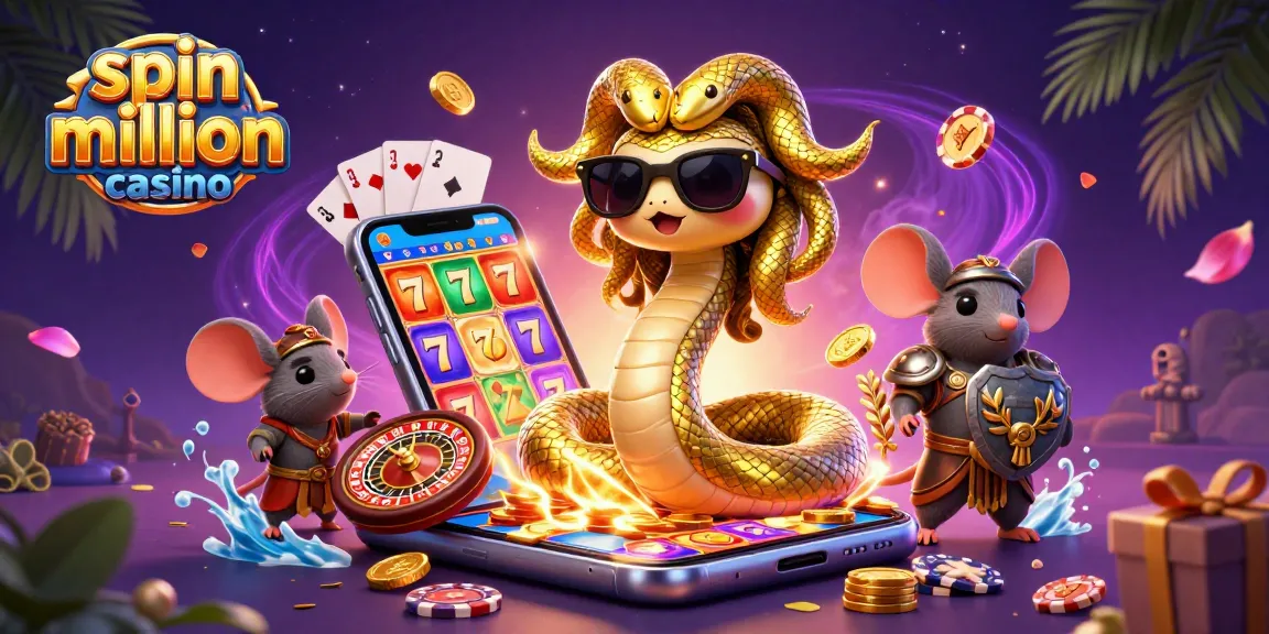 Spin million casino showcases a playful Medusa and a warrior mouse amidst vibrant gaming elements.