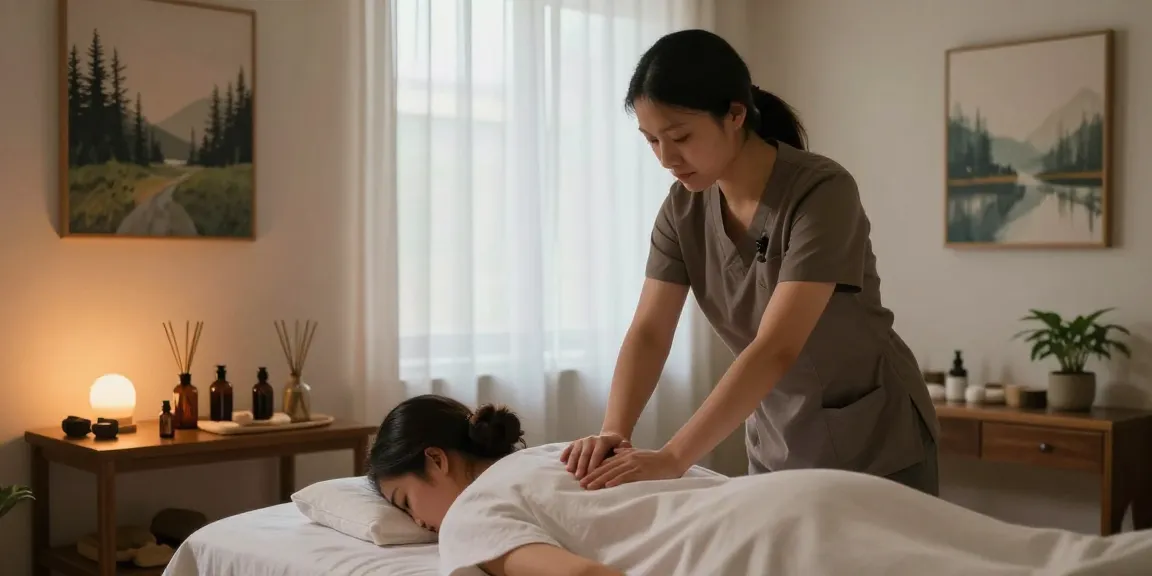 Relaxation scene of 관악구출장안마 with a therapist providing a restorative massage in a serene wellness studio.