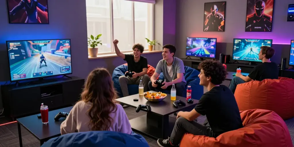 Exciting gaming lounge scene showcasing friends enjoying 11bet gameplay.