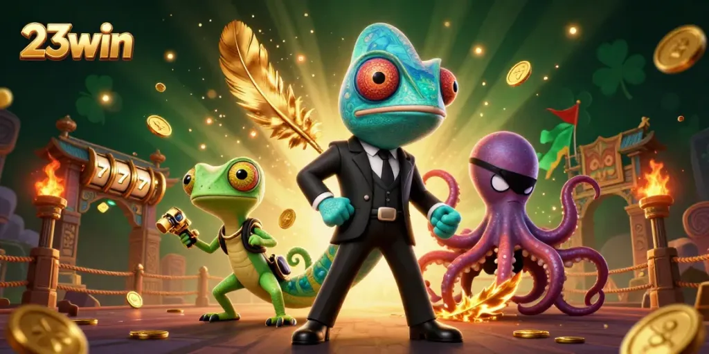 Experience thrilling gameplay with 23win in this dynamic casino scene featuring colorful characters.