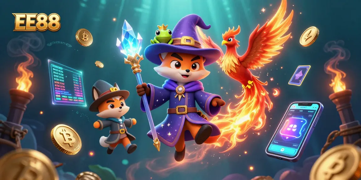 Experience the excitement of EE88 with a magical 3D illustration of a wizard fox and phoenix, surrounded by crypto elements.