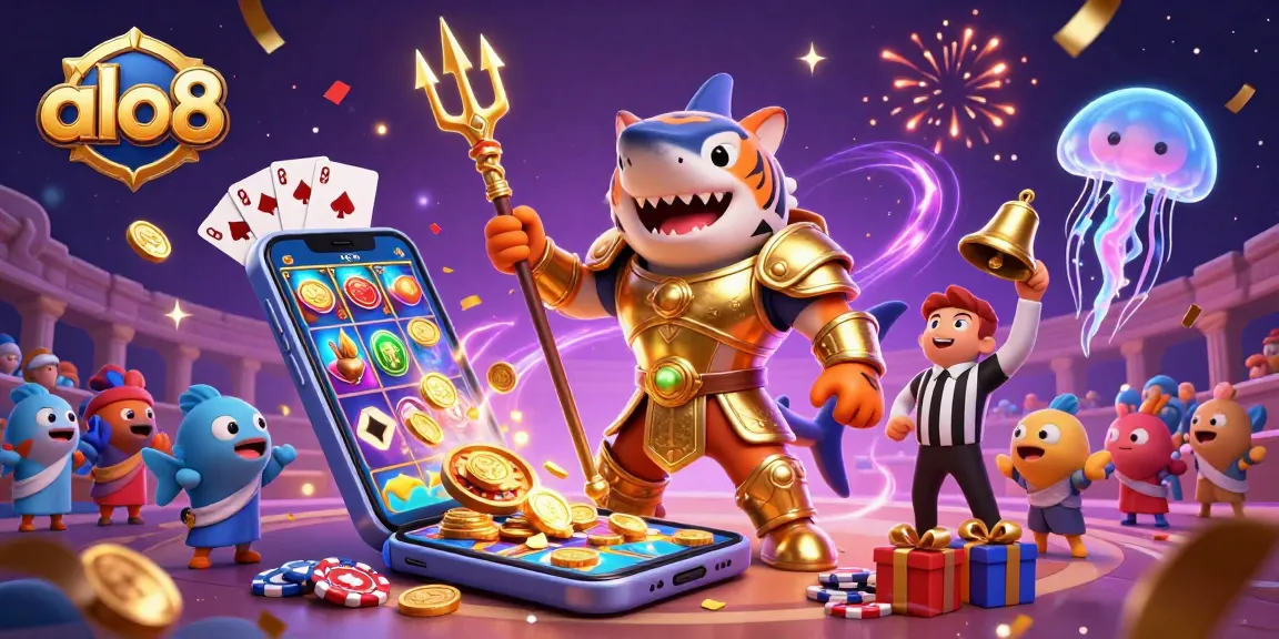Experience the excitement at alo8 with our dynamic underwater casino scene featuring a shark and vibrant game elements.