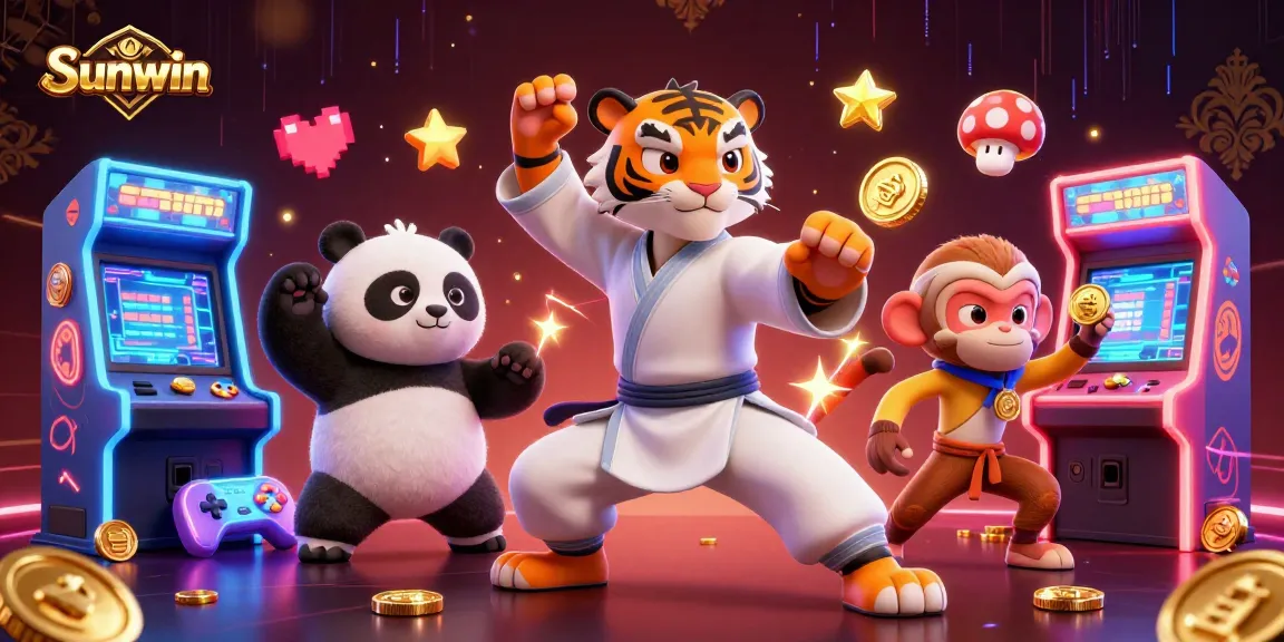 Sunwin players engaging in dynamic gaming activities with a cartoon tiger and panda.