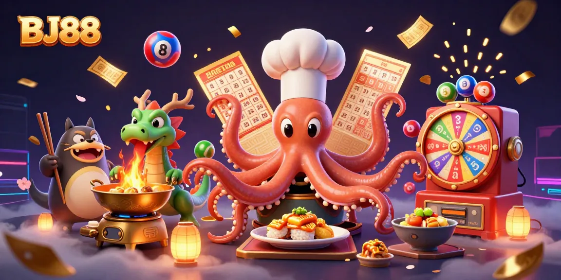 Bustling BJ88 casino scene with dynamic lottery elements and interactive characters showcasing a vibrant gaming atmosphere.