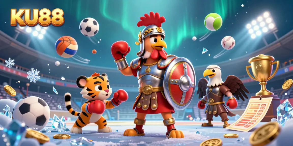 Experience winning strategies at KU88 Casino with dynamic gaming action in a vibrant 3D illustration.