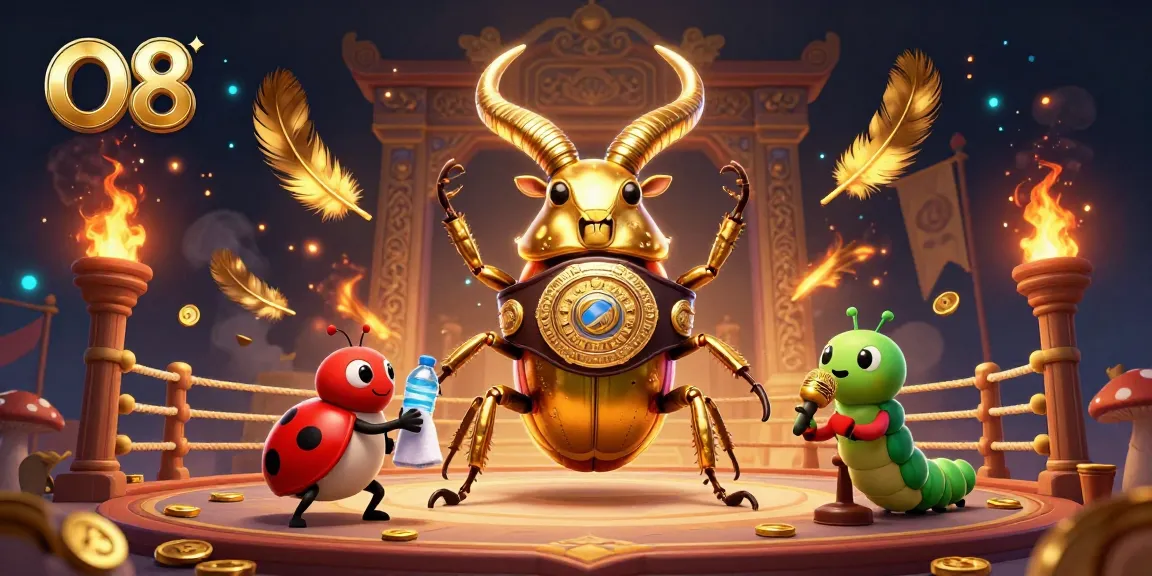 O8 features a dynamic 3D scene of a golden stag beetle in a casino atmosphere, prepared for action.