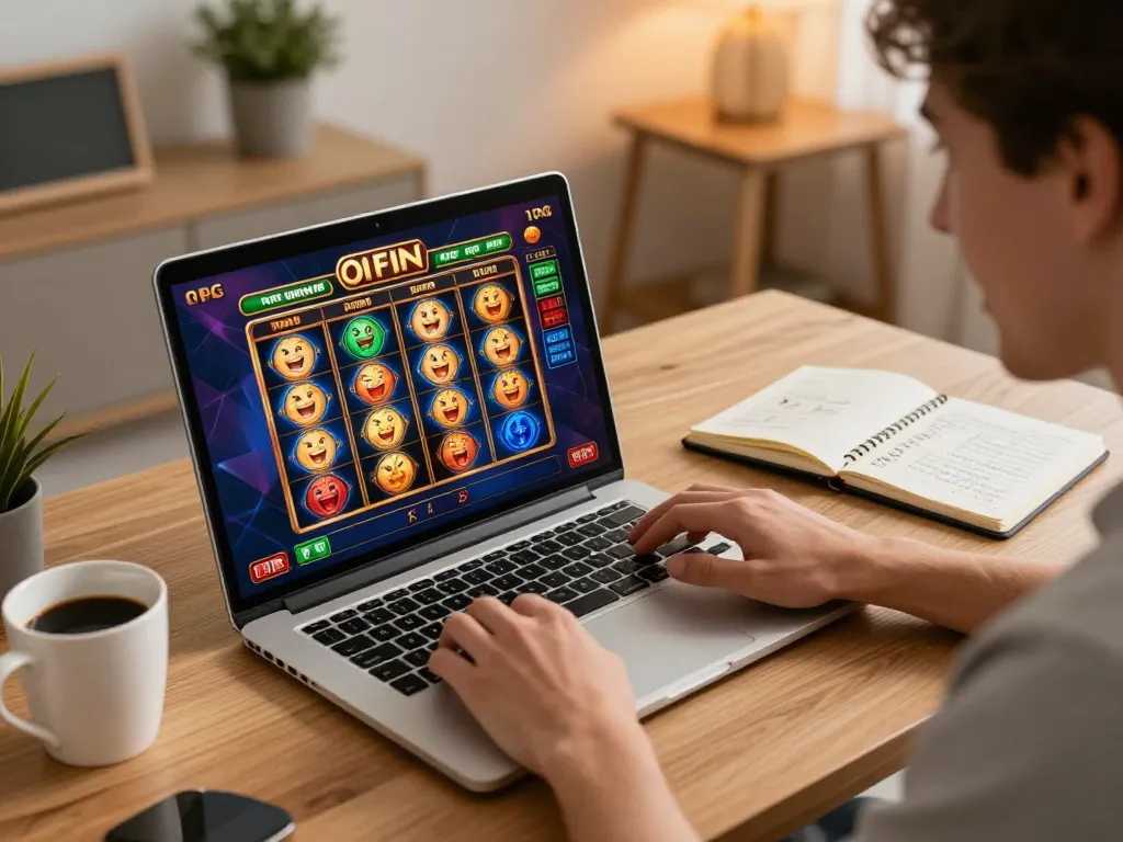 Player enjoying dynamic incakoin slots gameplay on a laptop at home, showcasing excitement and strategy.