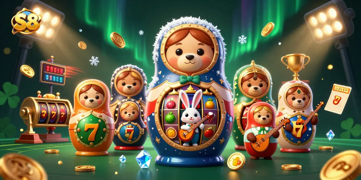 Experience S8's vibrant atmosphere with cartoon casino bears, slot elements, and festive designs.