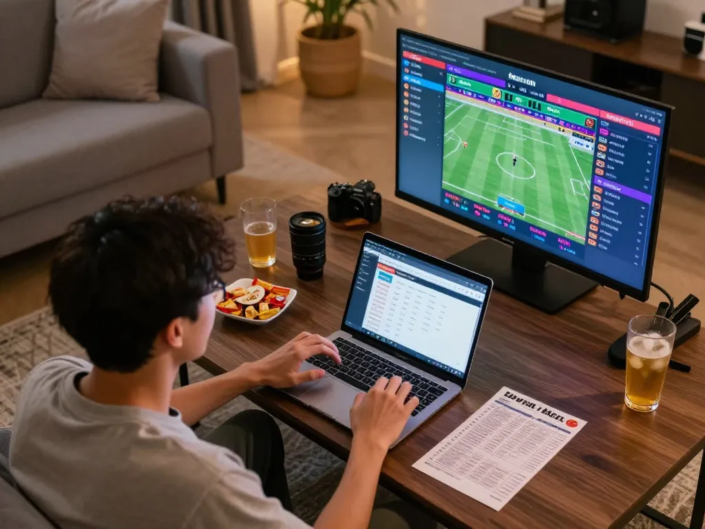 View of a sports betting enthusiast monitoring kèo nhà cái with multiple screens in a modern setting.
