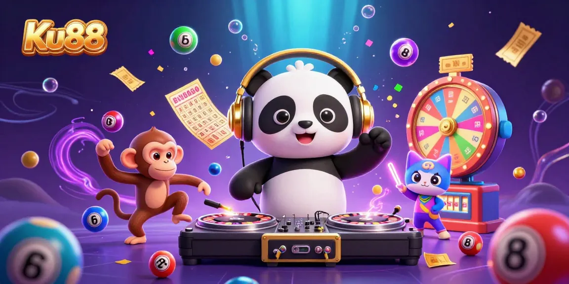 Engage with Ku88's vibrant casino scene featuring a DJ panda and exciting game action.