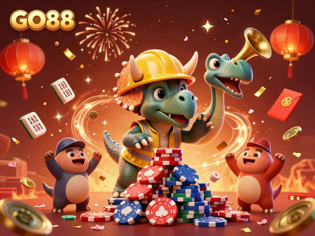 Experience the excitement with GO88 as a triceratops builds poker chips while celebrating with friends!