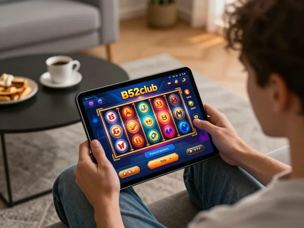 B52club player enjoying engaging online slots in a cozy home gaming setup.