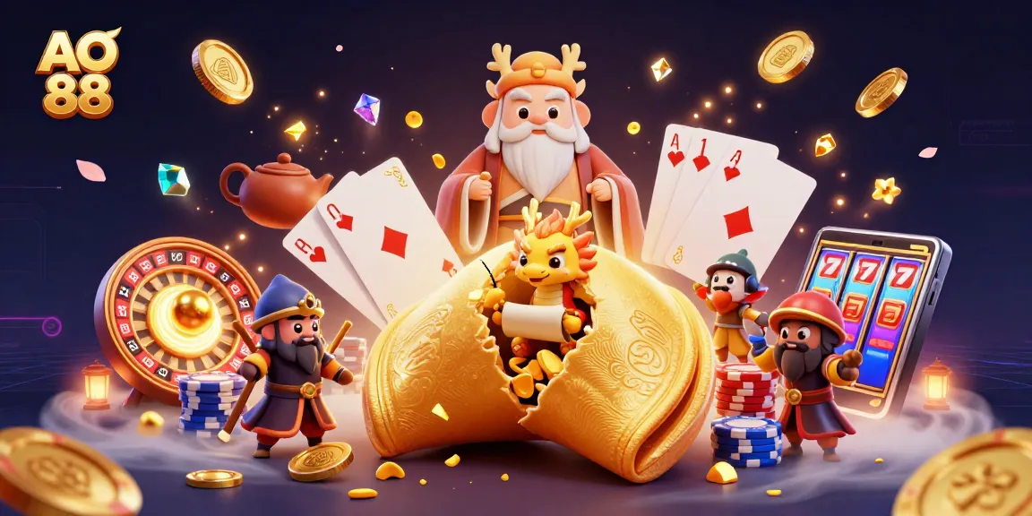 Experience the excitement of AO 88 with a dynamic casino scene full of vibrant gold and game elements.