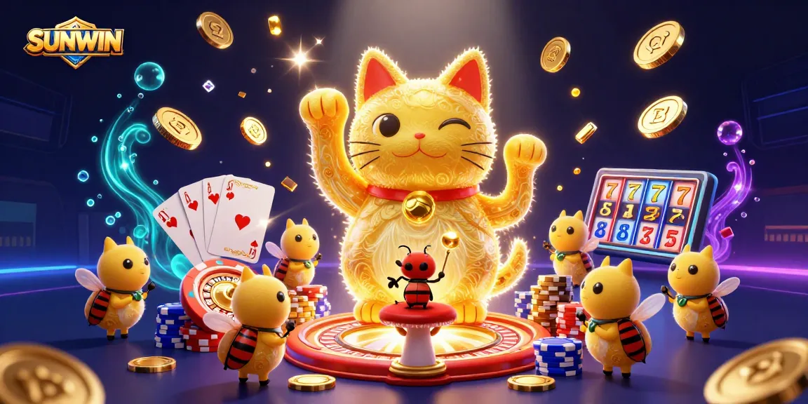 SUNWIN showcases a vibrant casino scene with a lucky cat, fireflies, and dazzling gaming elements.