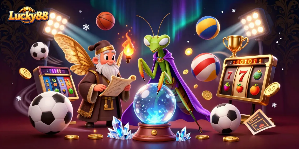 Immerse yourself in Lucky88's vibrant action with animated sports balls and casino elements swirling around fortune tellers.