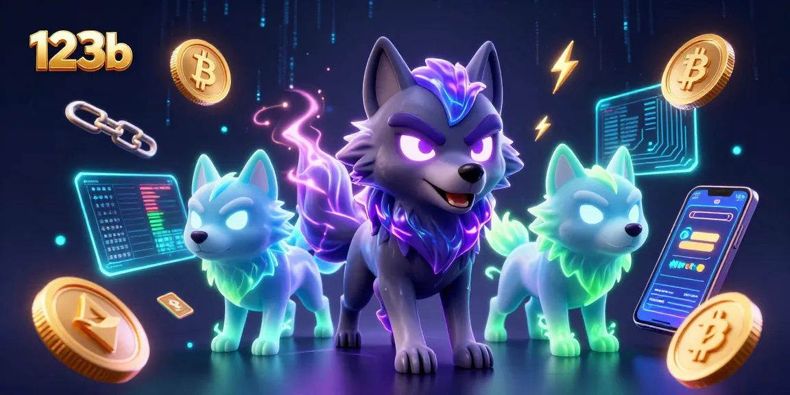 Bet on 123b with 3D wolves and crypto elements illuminating the online casino world.